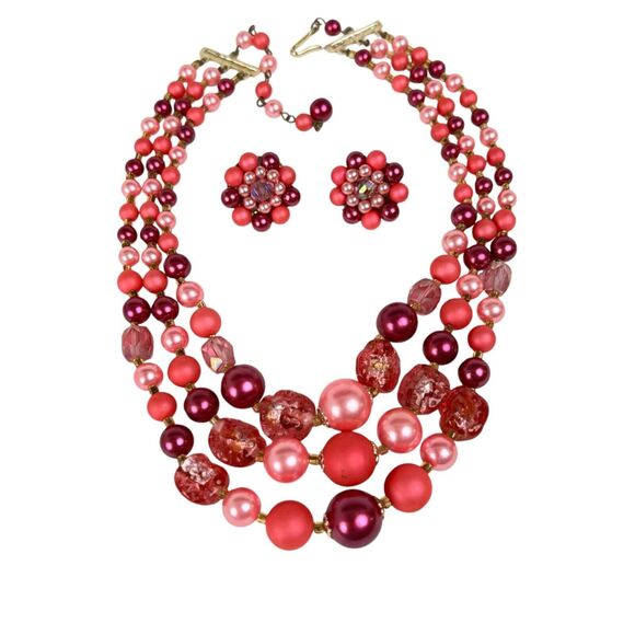 Japan Necklace Clip On Earring Set Multi Tone Pink Bead Gold Tone Collar Choker - Picture 1 of 8
